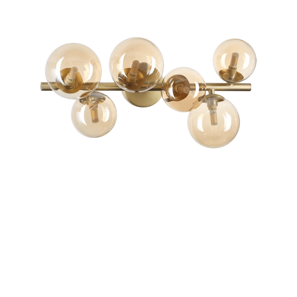 Plafonnier PERLAGE PL6 laiton diffuseurs ambré - Éclairez élégamment avec 6 sphères en verre ambré. Installation murale possible.