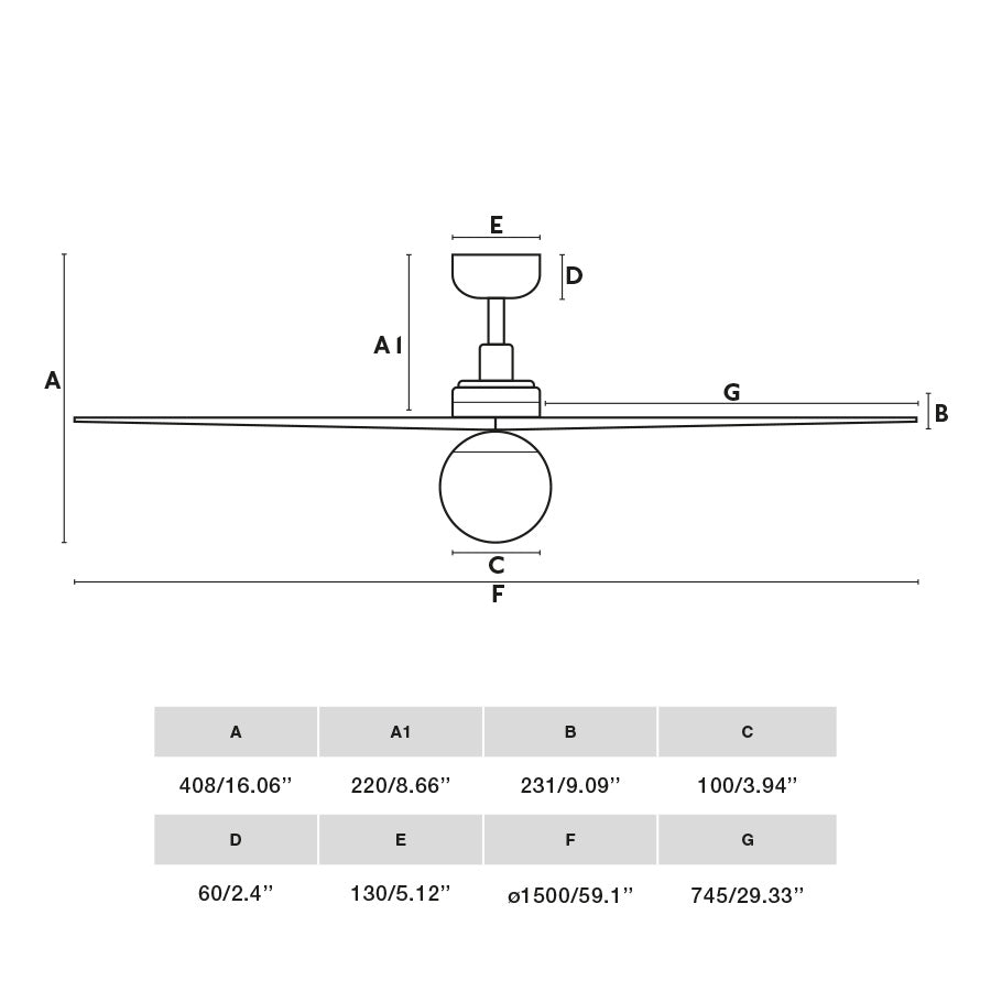 Schéma des dimensions du ventilateur de plafond avec lampe KLIM-L Ø 1500 mm noir pales chêne clair