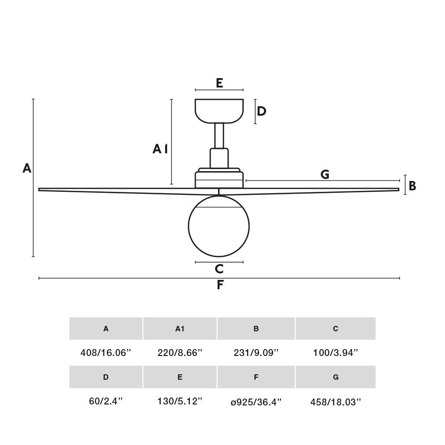 Schéma des dimensions du ventilateur de plafond avec lampe KLIM-S Ø 925 mm noir pales chêne clair