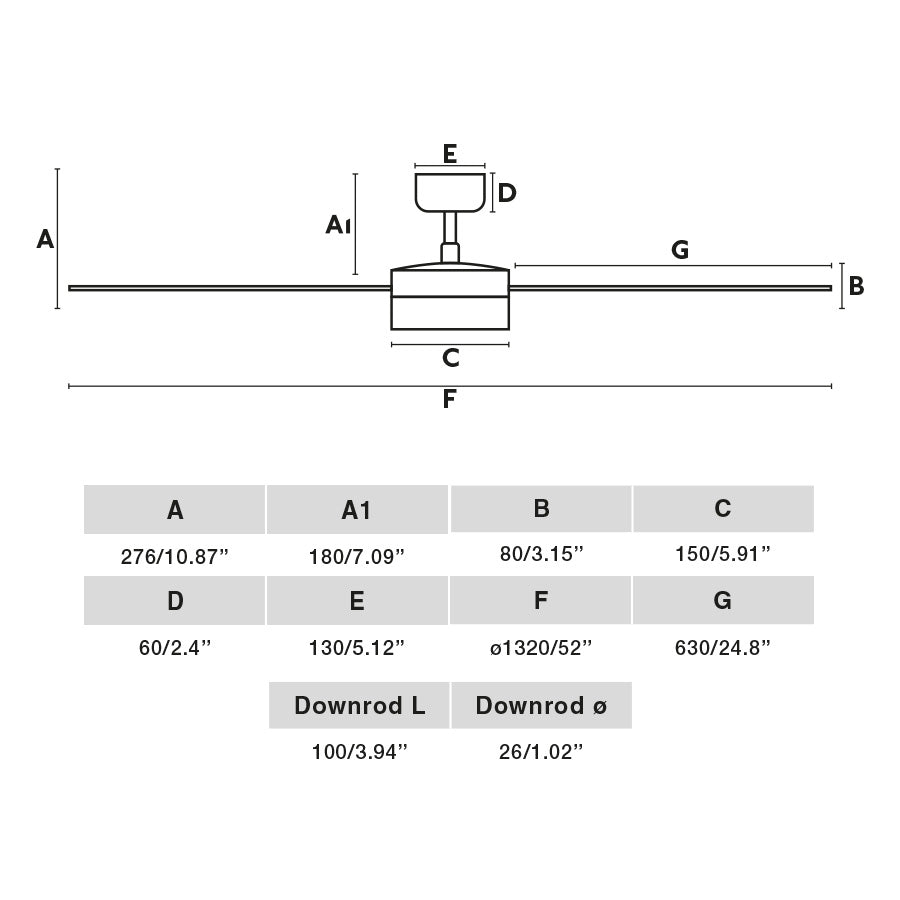 Schéma des dimensions du ventilateur de plafond CRUISER L blanc avec luminaire