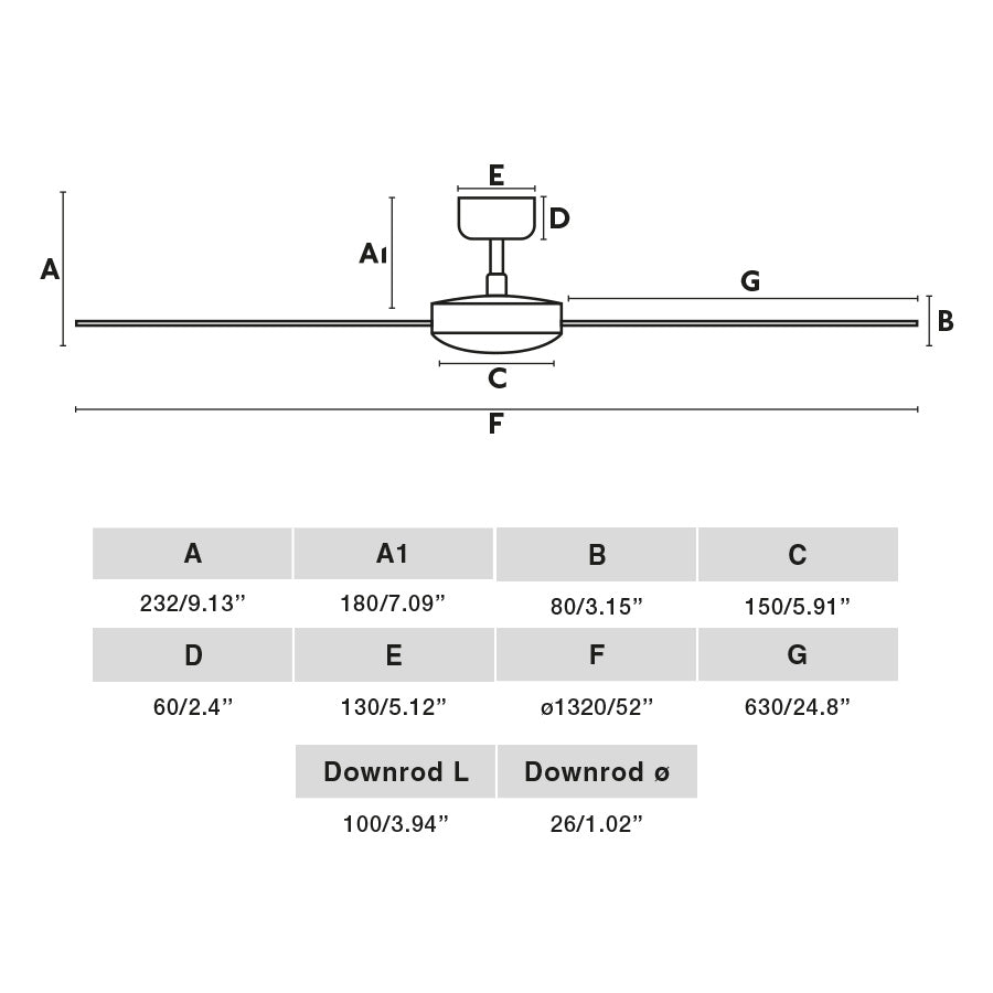 Schéma des dimensions du ventilateur de plafond RUDDER L blanc