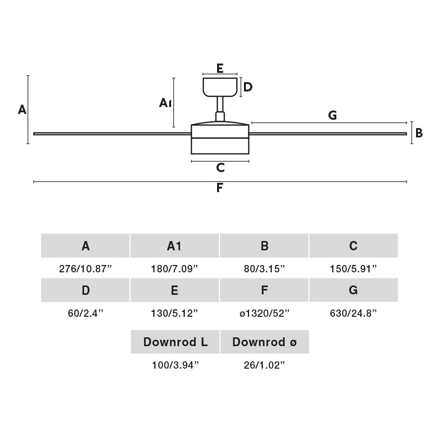 Schéma des dimensions du ventilateur de plafond RUDDER L noir avec luminaire