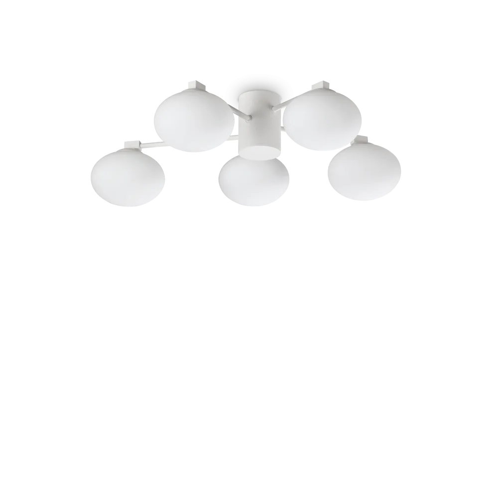 Plafonnier HERMES cinq lampes Ø 60 blanc - Éclairez élégamment votre intérieur avec ce plafonnier design en métal blanc. Cinq diffuseurs verre dépoli.