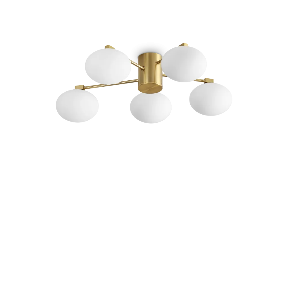 Plafonnier HERMES cinq lampes Ø 60 laiton - Éclairez votre pièce avec style grâce à sa structure en métal laiton et ses diffuseurs en verre dépoli.
