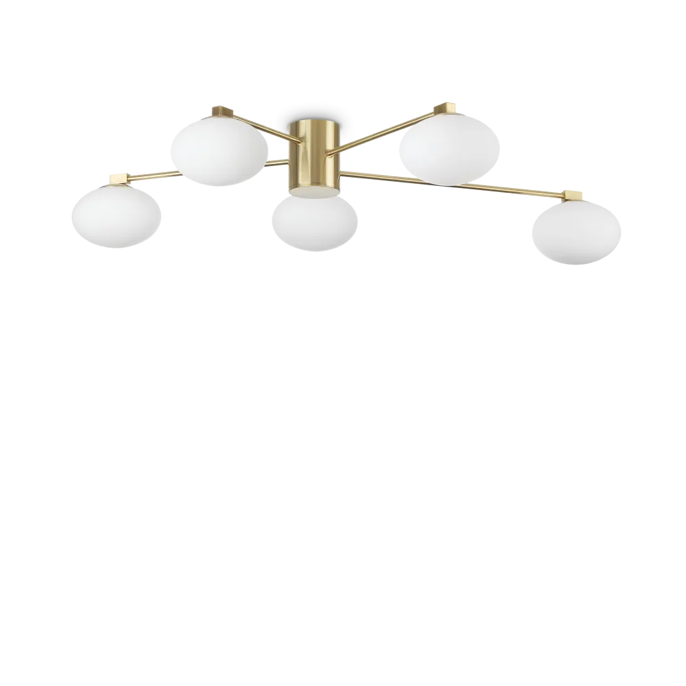Plafonnier HERMES cinq lampes diamètre 90 en laiton premium, avec diffuseurs en verre soufflé pour un éclairage élégant.