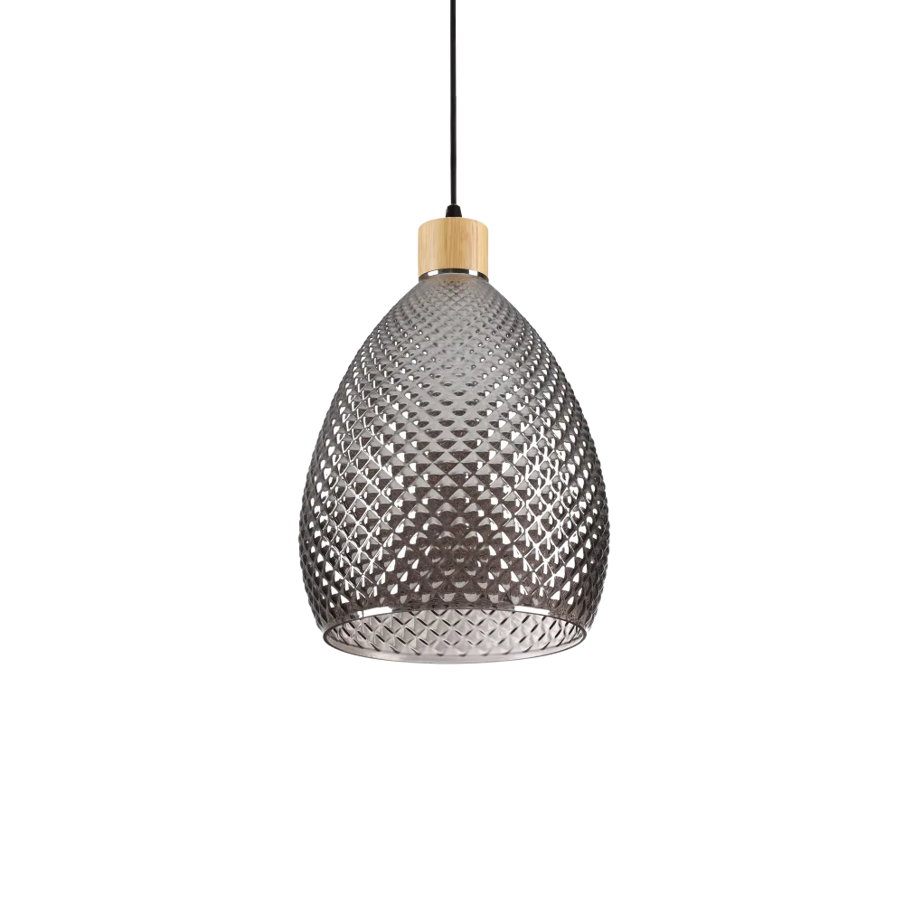 Suspension BERGEN SP1 pavillon en métal verni à poudres en noir. Monture en bois naturel. Diffuseur en verre soufflé transparent avec motif décoratif en relief et finition en fumé.