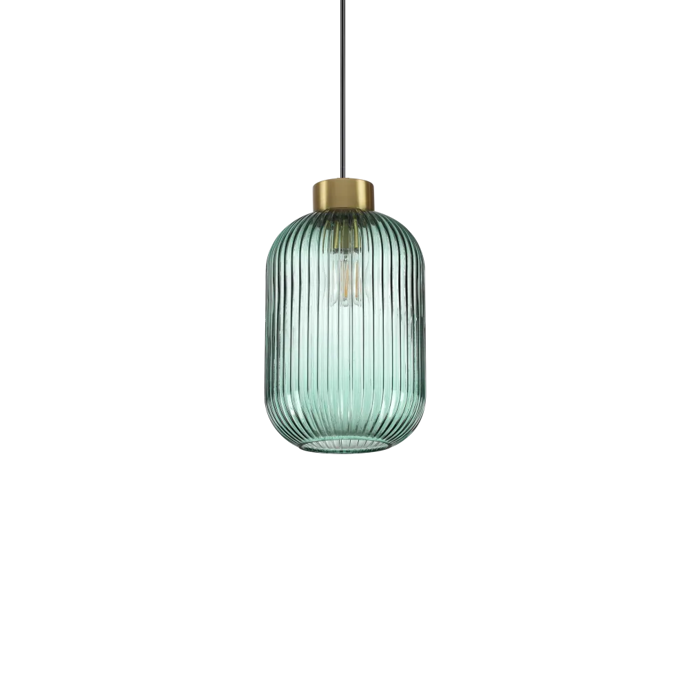 Suspension MINT-1 support en acier finition laiton et diffuseur en verre soufflé de couleur verte avec cannelures en relief.