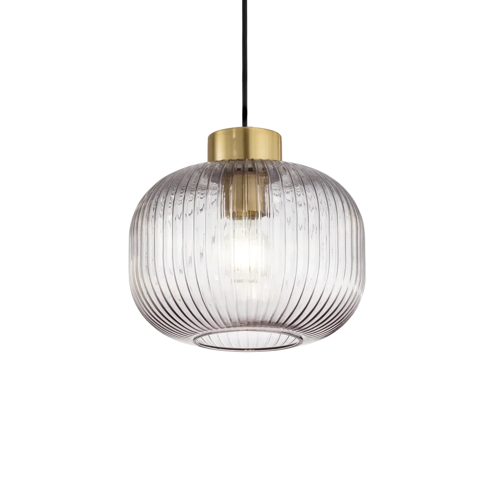 Suspension MINT-2 support en acier finition laiton et diffuseur en verre soufflé de couleur fumé avec cannelures en relief