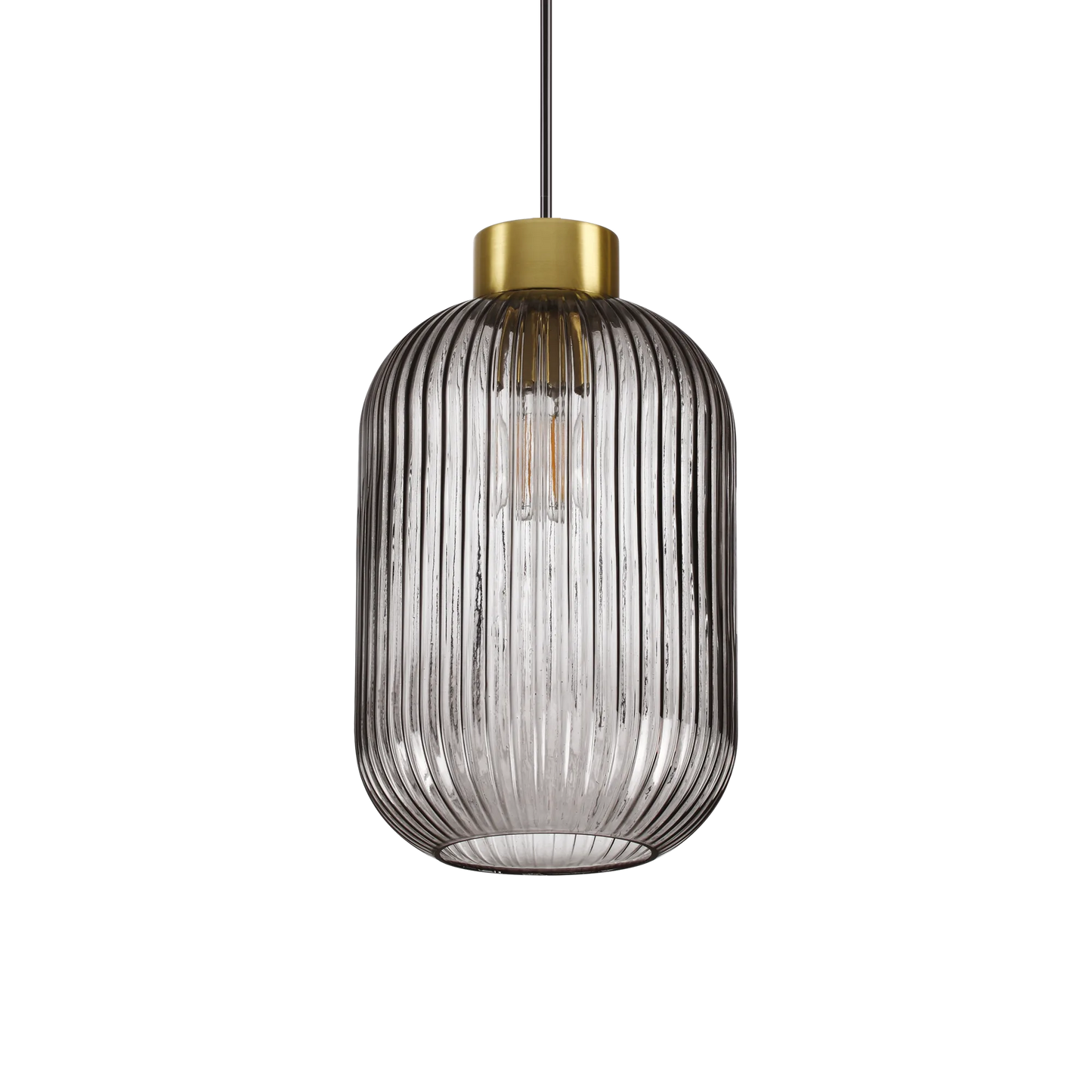 Suspension MINT-3 support en acier finition laiton et diffuseur en verre soufflé de couleur fumé avec cannelures en relief.