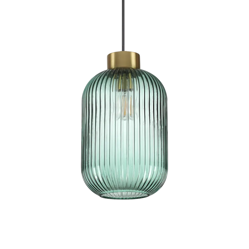 Suspension MINT-3 support en acier finition laiton et diffuseur en verre soufflé de couleur verte avec cannelures en relief.