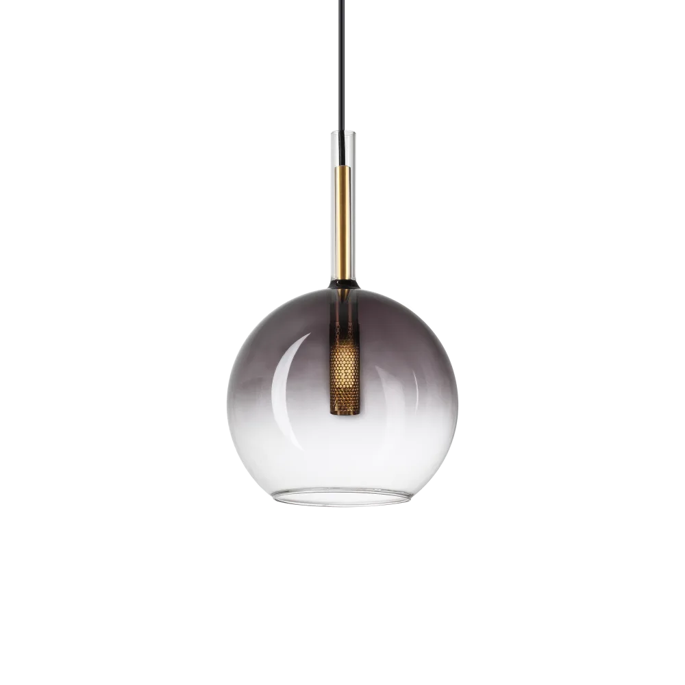Suspension EMPIRE Sfera - Hauteur ajustable de 515 à 2315 mm pour un éclairage parfait. Structure dorée avec diffuseur en verre gris transparent.