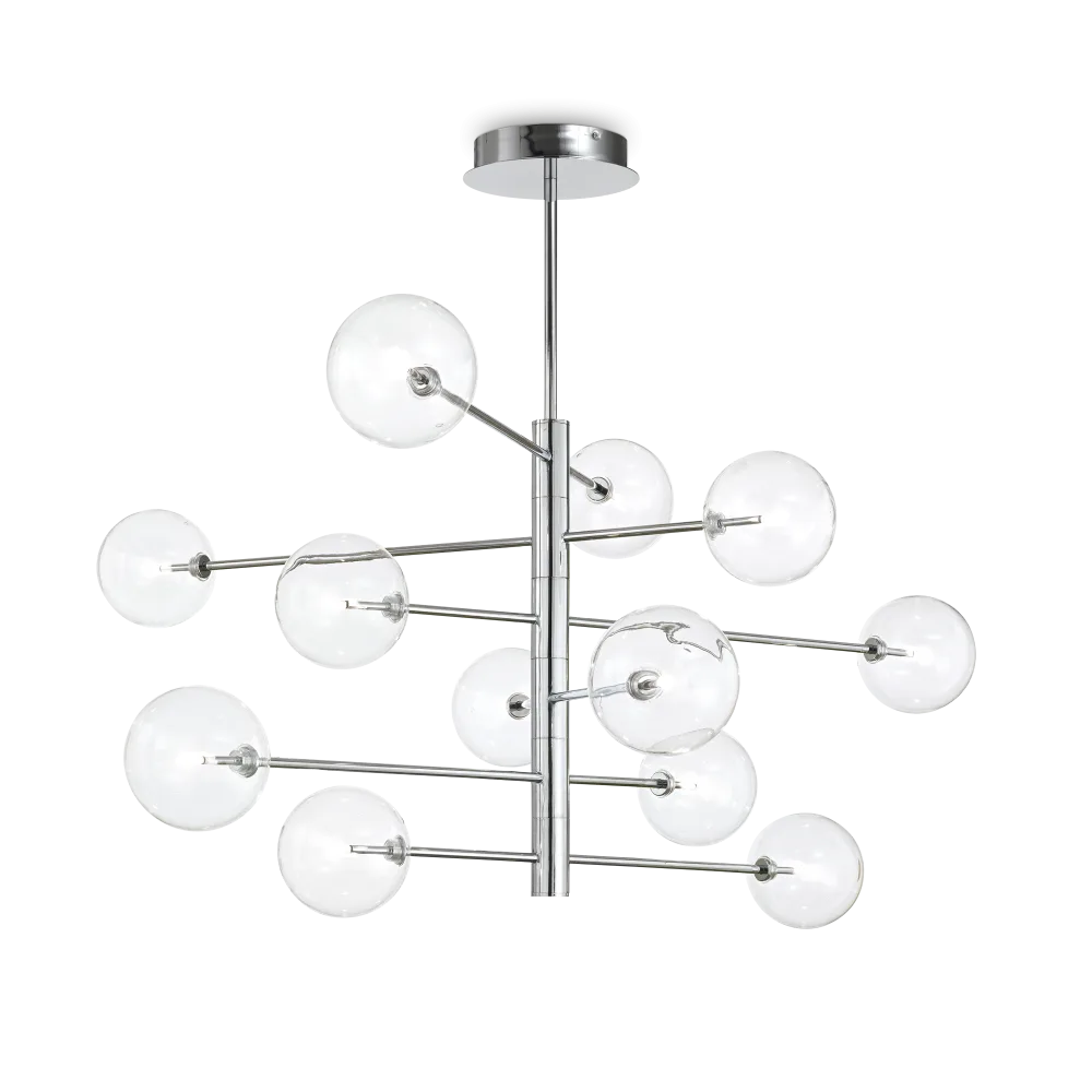 Suspension EQUINOXE 12 verres transparents - Apportez une lumière élégante avec 12 diffuseurs en verre borosilicaté. Finition chrome moderne.