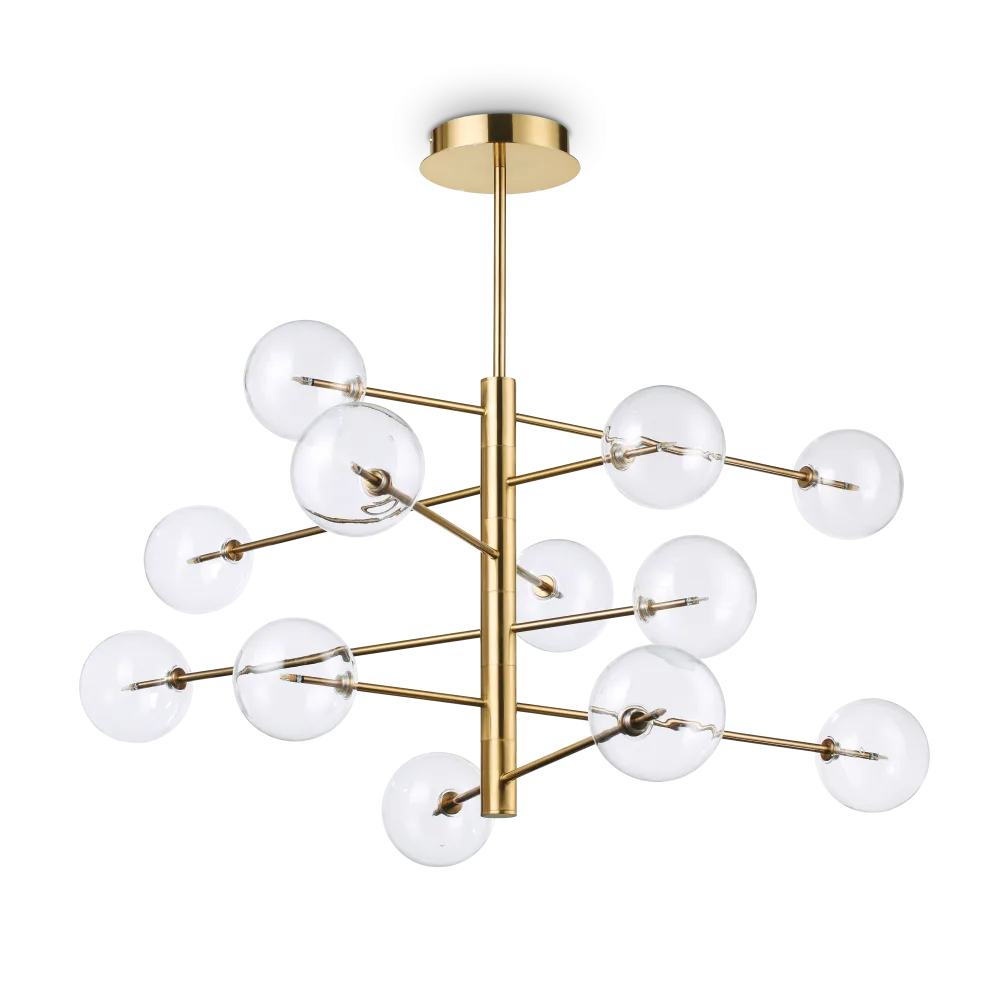 Suspension EQUINOXE laiton 12 verres transparents - Éclairage élégant avec 12 diffuseurs en verre borosilicaté. Finition laiton durable.