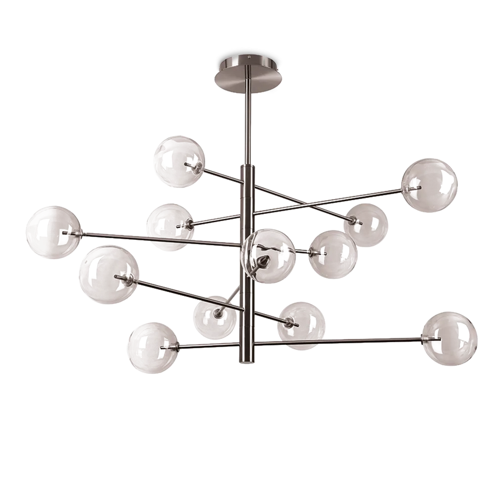 Suspension EQUINOXE 12 verres fumés - Éclairez votre intérieur avec 12 diffuseurs en verre fumé. Structure chrome durable et design élégant