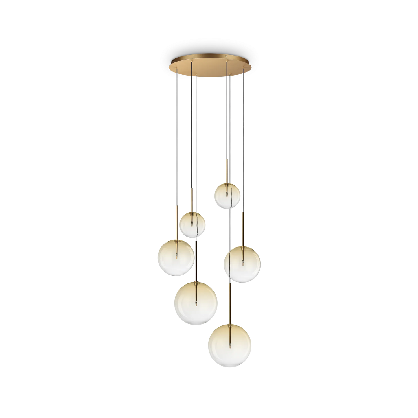 Suspension EQUINOXE 6 verres ambrés - Éclairage ajustable avec structure en métal finition laiton. Design élégant et ampoules LED fournies.