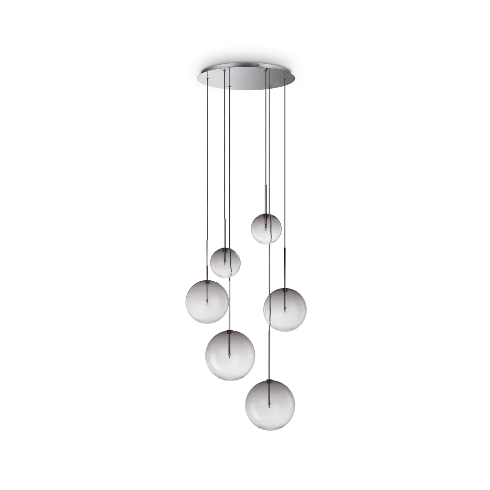 Suspension EQUINOXE 6 verres fumés - Éclairage élégant et ajustable avec structure métal chrome. 6 diffuseurs en verre borosilicaté.