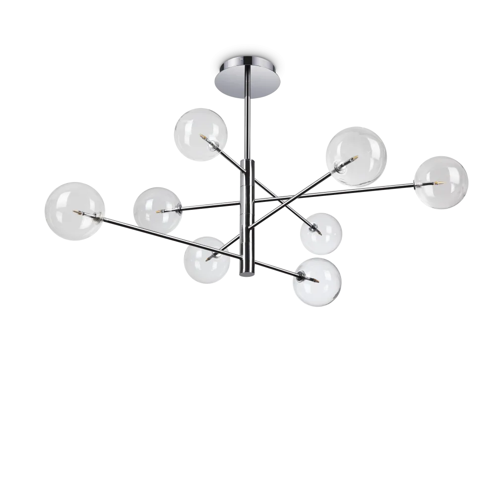Suspension EQUINOXE 8 verres transparents - Éclairez votre intérieur avec style grâce à sa structure en métal chrome et 8 diffuseurs en verre.