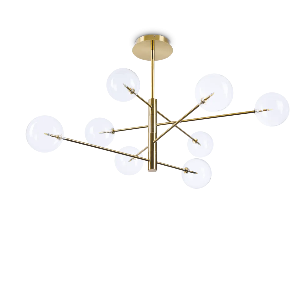Suspension premium EQUINOXE laiton 8 verres transparents faite avec métal finition laiton et verre borosilicaté. Apportez élégance et lumière chez vous.