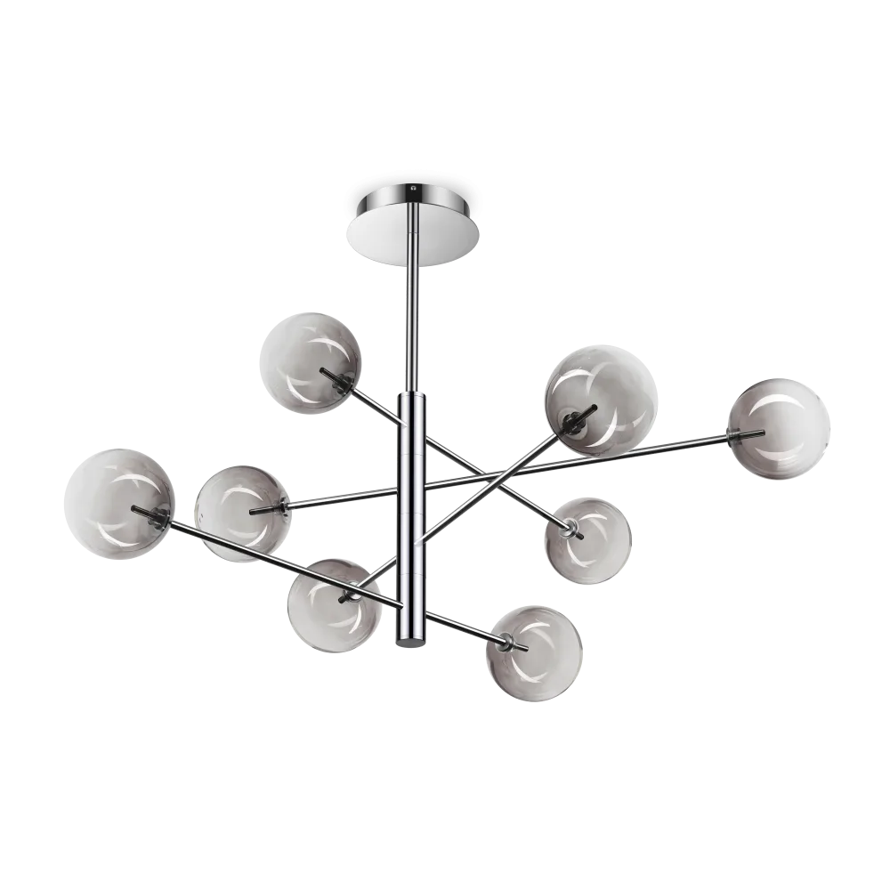 Suspension EQUINOXE 8 verres fumés - Éclairez avec style grâce à ses diffuseurs en verre fumé. Structure en métal chrome robuste.