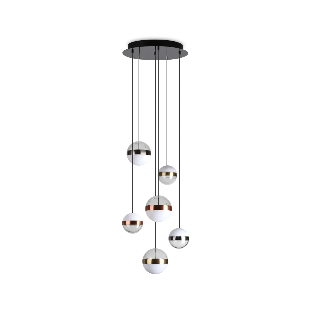 Suspension premium Suspension GALAXY 6 lampes faite avec acier et acrylique opaques. Offre un éclairage ajustable et design unique.