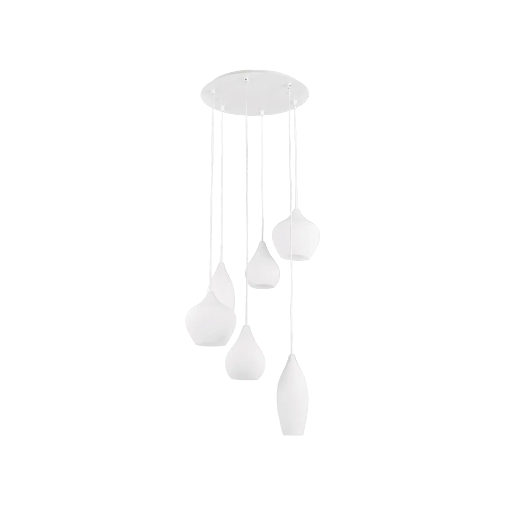 Suspension SOFT avec structure en acier finition blanc et six diffuseurs de différentes formes en verre soufflé.