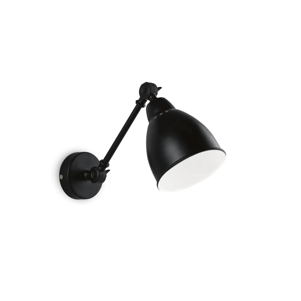 Applique Murale orientable NEWTON noire - Structure en métal avec bras réglable pour un éclairage modulable. Diffuseur blanc émaillé élégant.