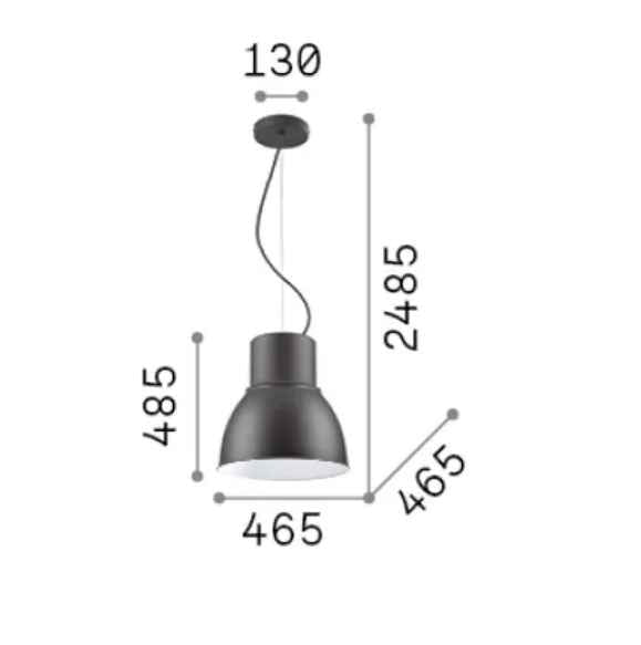 Schéma des dimensions de la suspension Breeze Ø465 noir E27 : design gris foncé, intérieur blanc émaillé réglable en hauteur
