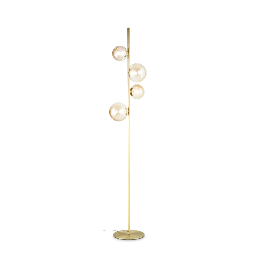 Lampadaire en métal finition laiton avec traitement époxy. 4 sphères en verre soufflé ambré.