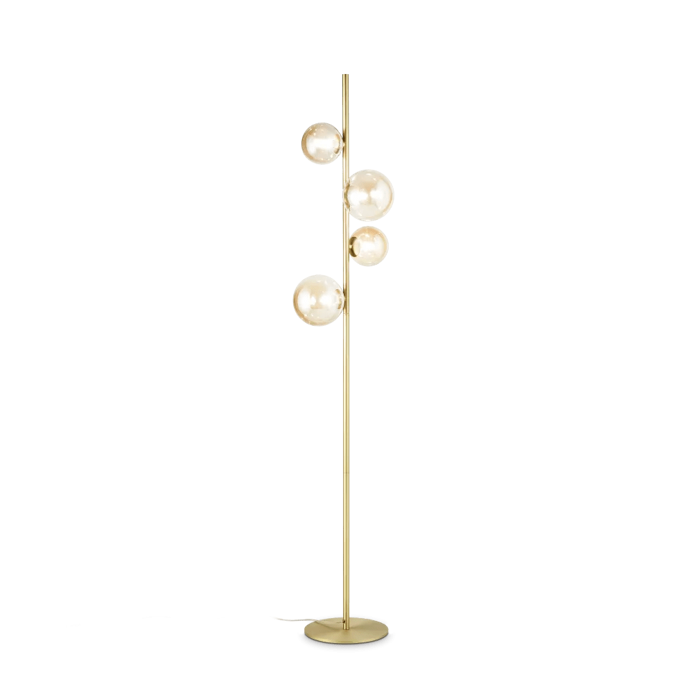 Lampadaire en métal finition laiton avec traitement époxy. 4 sphères en verre soufflé ambré.