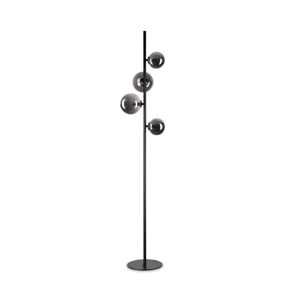 Lampadaire en métal finition noire avec traitement époxy. 4 sphères en pyrex fumé.-