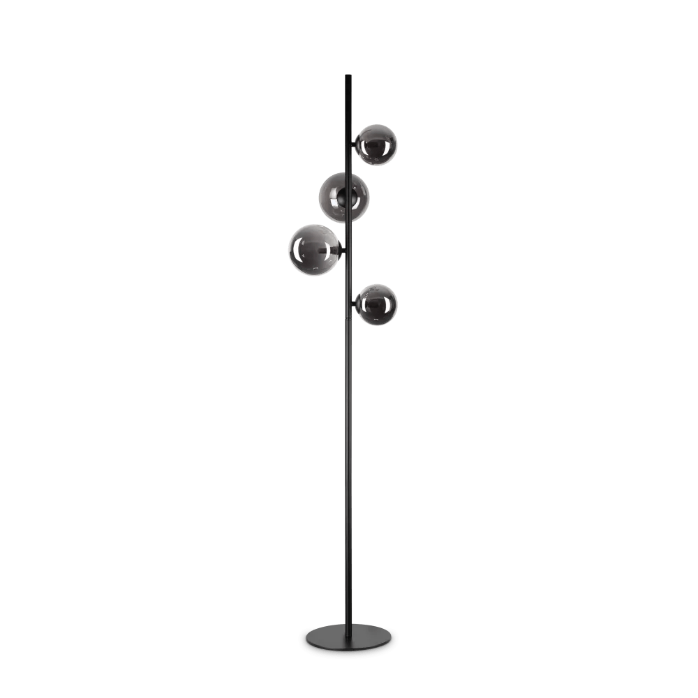 Lampadaire en métal finition noire avec traitement époxy. 4 sphères en pyrex fumé.-