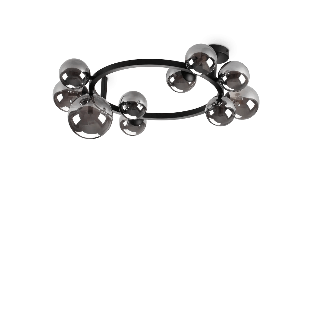 Plafonnier PERLAGE PL10 noire diffuseurs fumé - Luminosité élégante avec 10 sphères en pyrex fumé. Structure métal noir époxy robuste. Idéal-lux