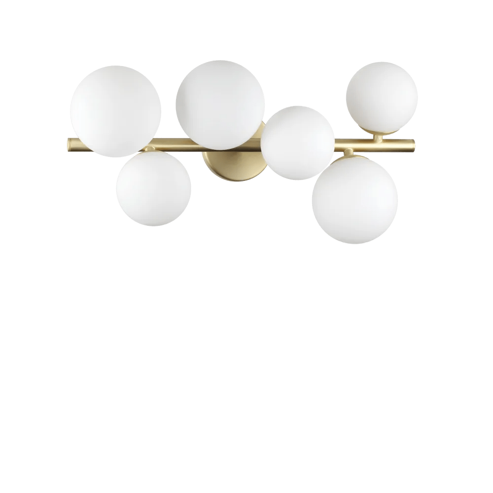 Plafonnier PERLAGE PL6 laiton diffuseurs blanc - Éclairez votre intérieur avec 6 sphères en verre soufflé blanc. Installation murale possible.