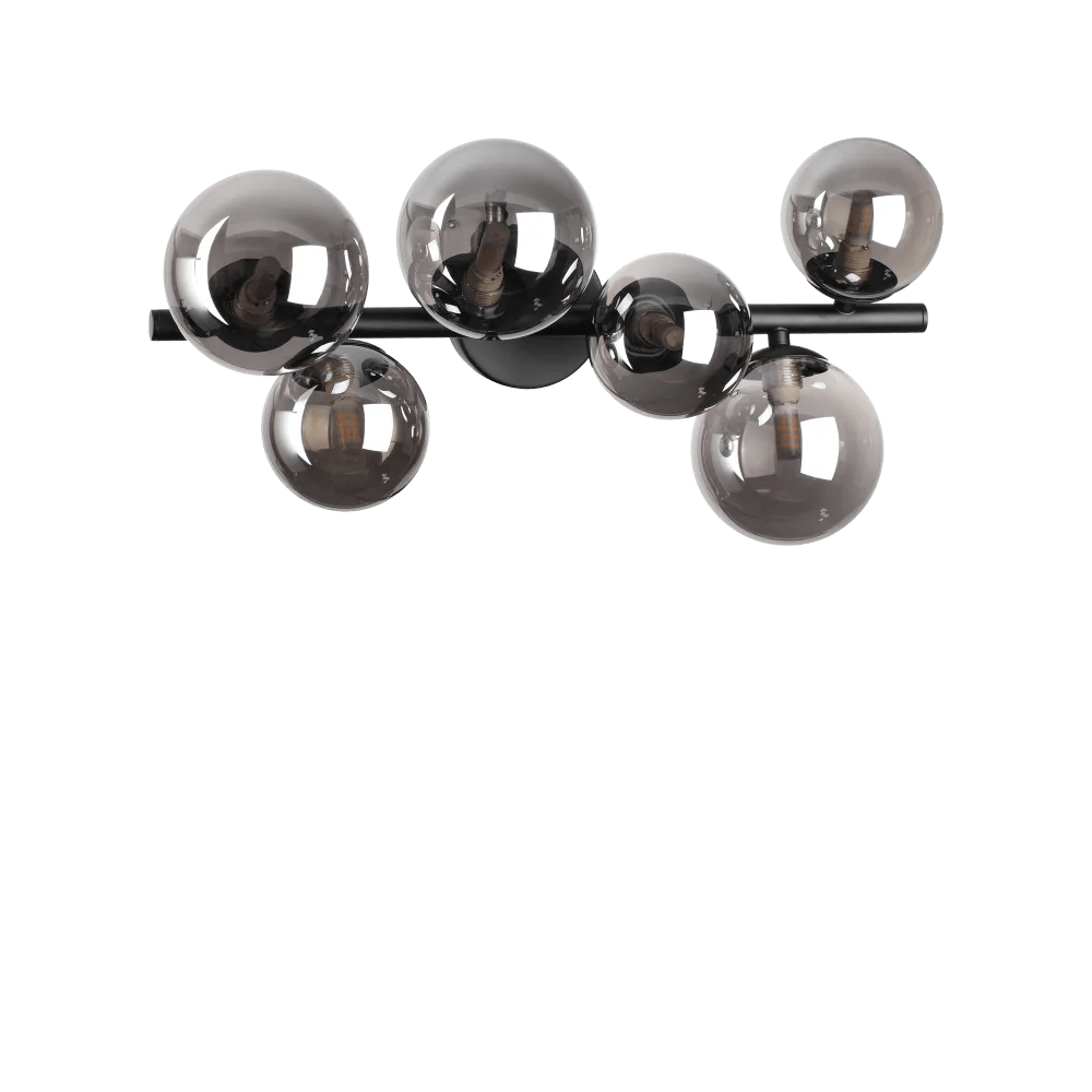 Plafonnier PERLAGE PL6 noire diffuseurs fumé - Éclairez votre intérieur avec style grâce à ses 6 sphères en pyrex fumé.