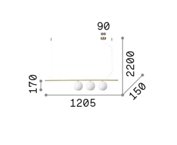 Schéma des dimensions de la suspension PERLINE noire trois lampes