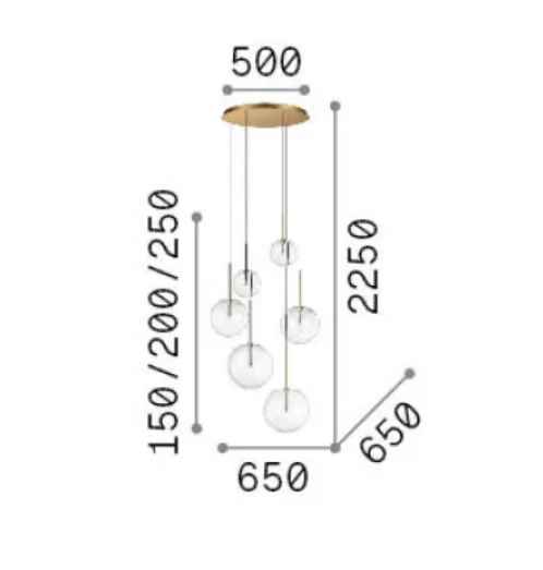 Schéma des dimensions de la suspension EQUINOXE 6 verres ambrés