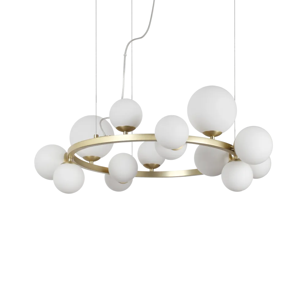 Suspension circulaire PERLAGE SP14 laiton diffuseurs blanc - éclairage élégant avec 14 sphères en verre blanc.