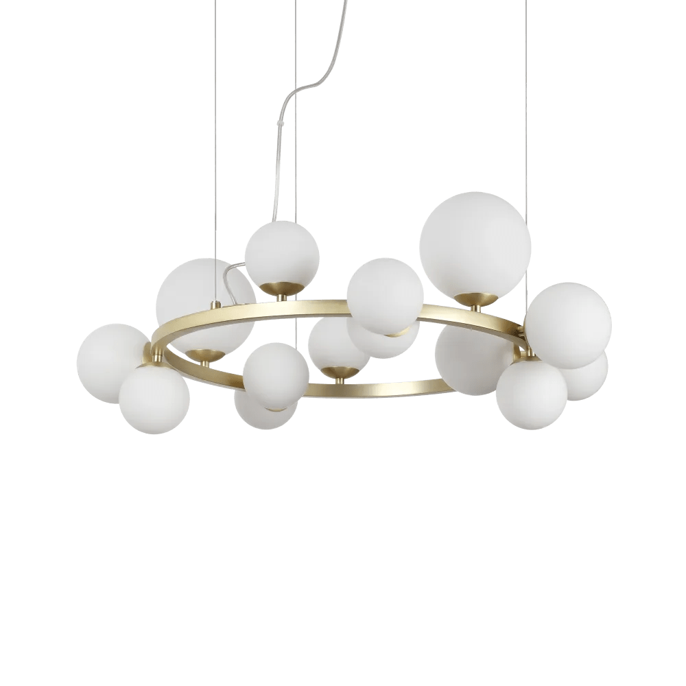 Suspension circulaire PERLAGE SP14 laiton diffuseurs blanc - éclairage élégant avec 14 sphères en verre blanc.