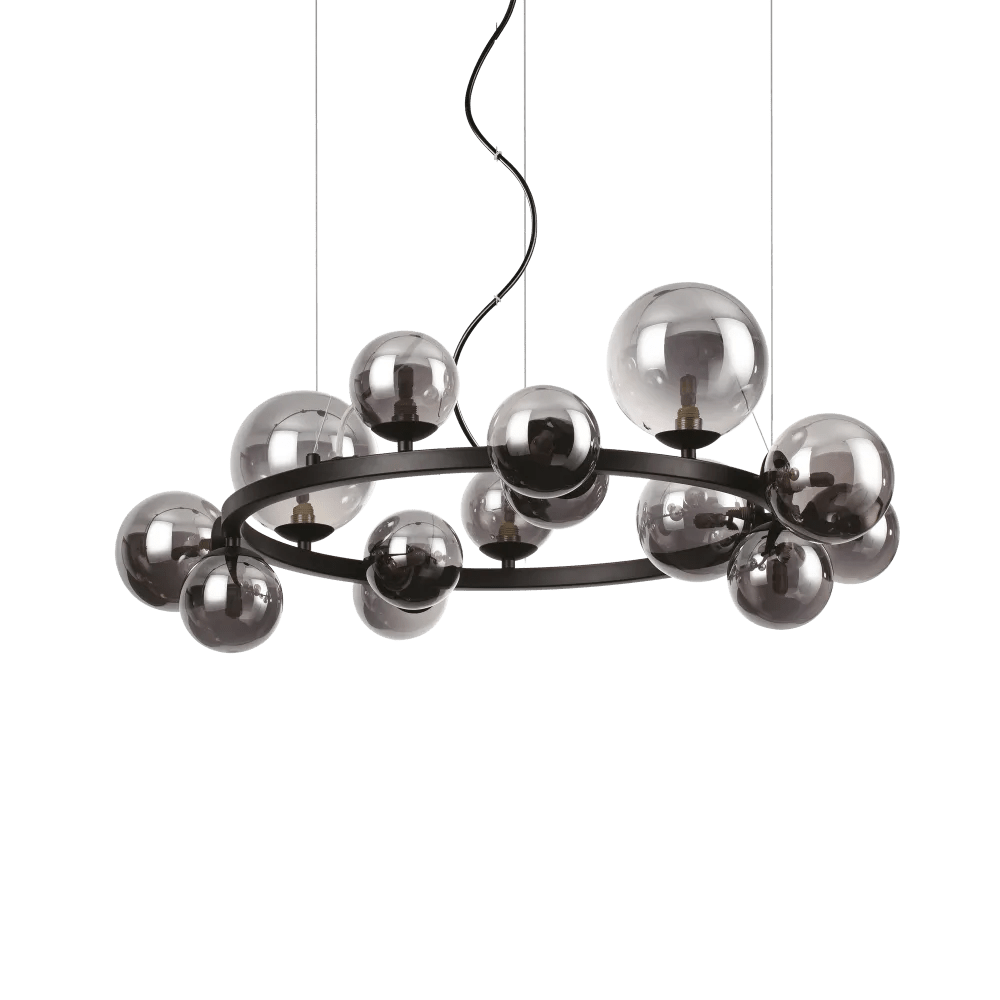 Suspension circulaire PERLAGE SP14 noire diffuseurs fumé - Luminaire suspendu design avec 14 sphères en pyrex fumé pour une lumière diffuse.