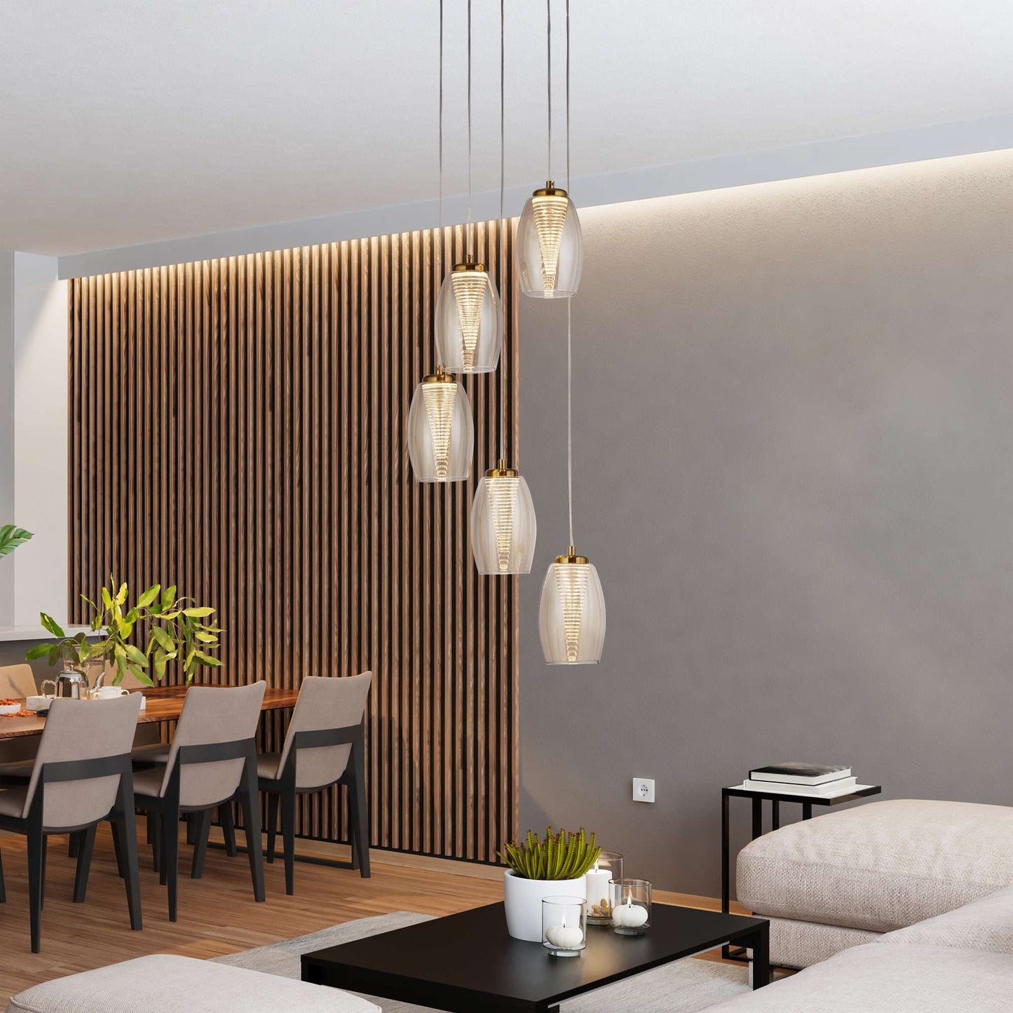 Suspension Suspension CYCLONE 5 lampes verre champagne Marque Searchlight Lumisign