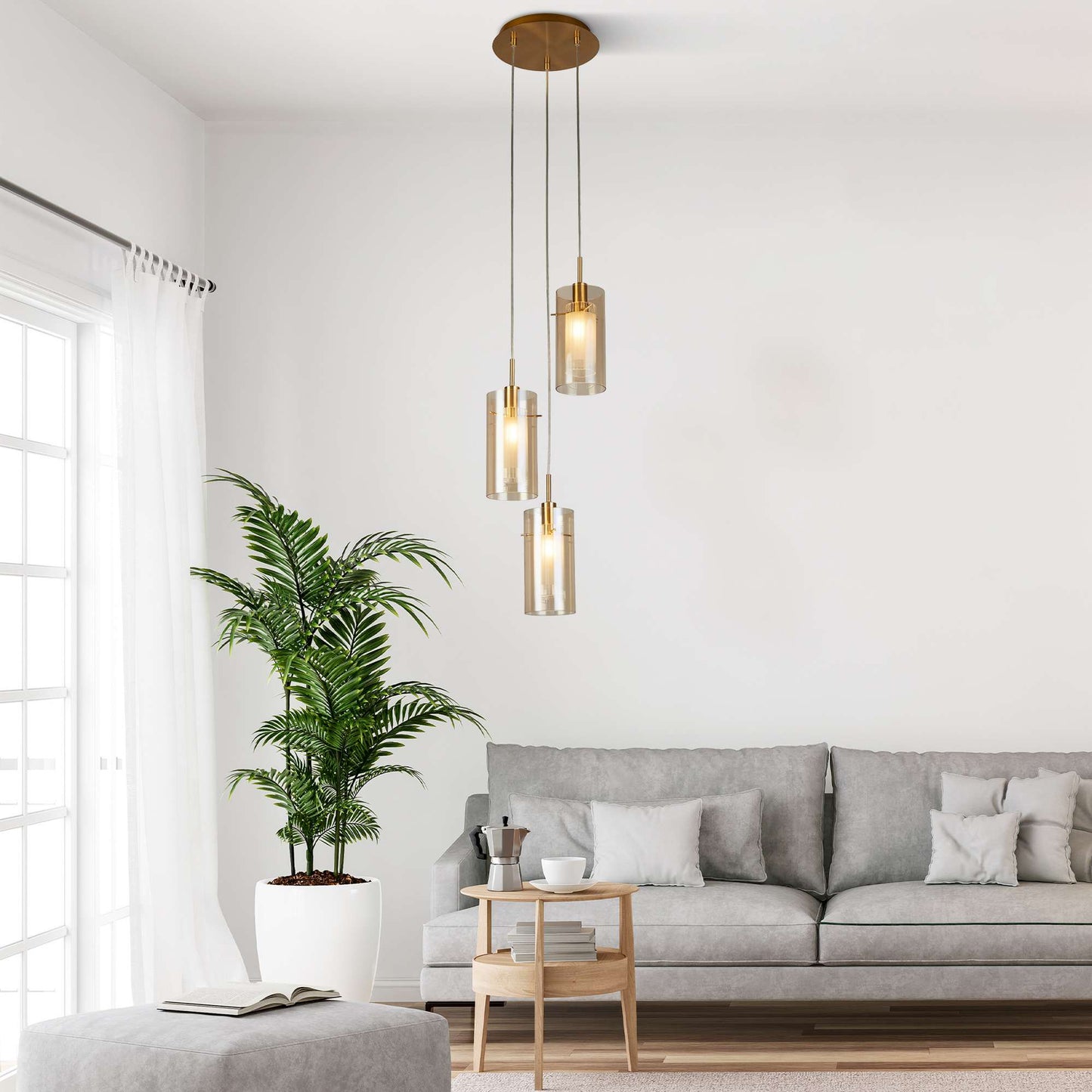 Suspension Suspension DUO-III 3 lampes double verre champagne Marque Searchlight Lumisign