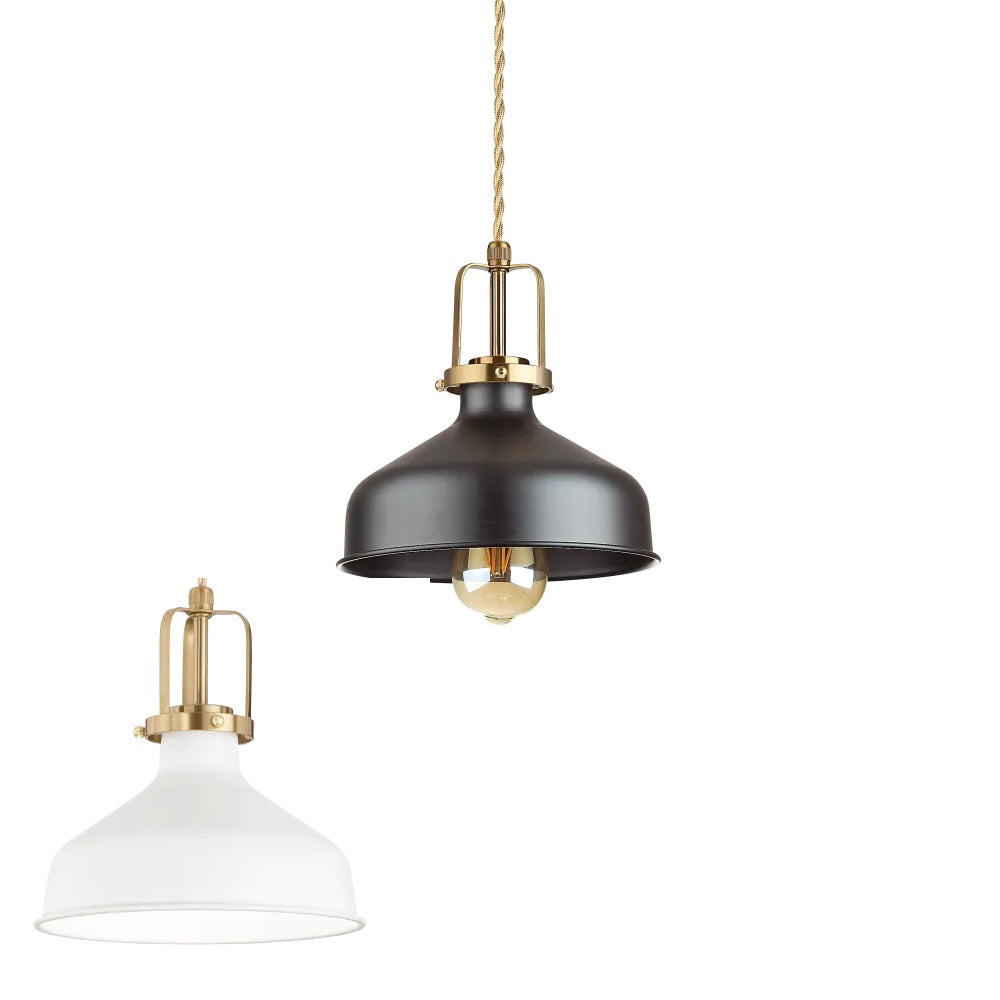 Suspension ERIS-1 blanche ou noire - Luminaire suspendu au design bistro avec câble en tissu et finition or satiné. Hauteur ajustable pour votre lampe de plafond.