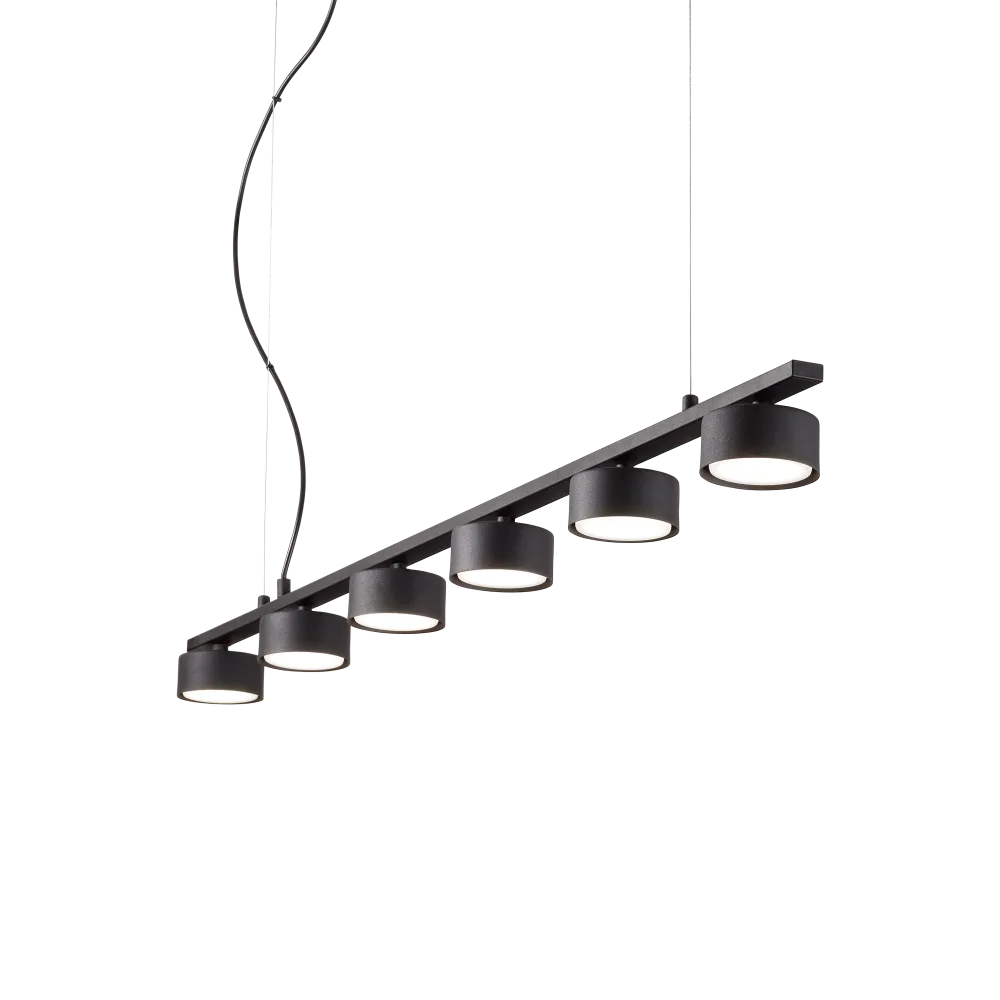 Suspension MINOR LINEAR noire 6 lampes - Luminaire suspendu avec hauteur ajustable de 290 à 2040 mm. Finition noire élégante en métal
