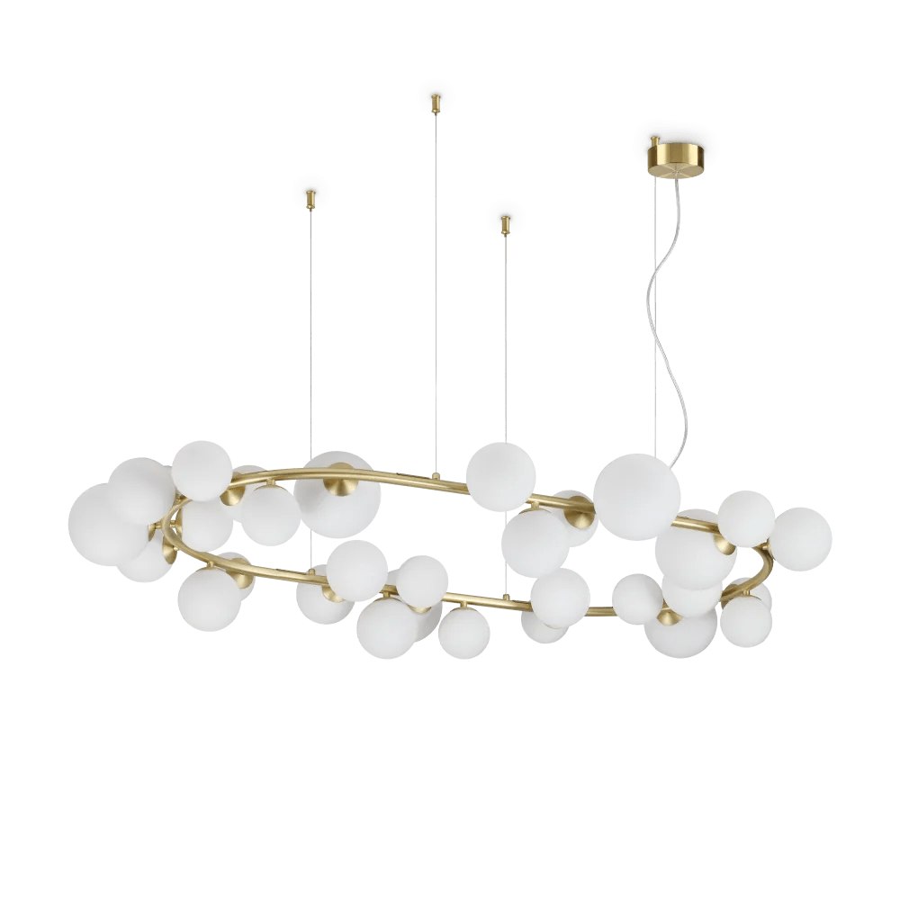 Suspension ovale PERLAGE SP30 laiton diffuseurs blanc - Luminaire suspendu design avec 30 sphères en verre blanc pour une lumière diffuse.