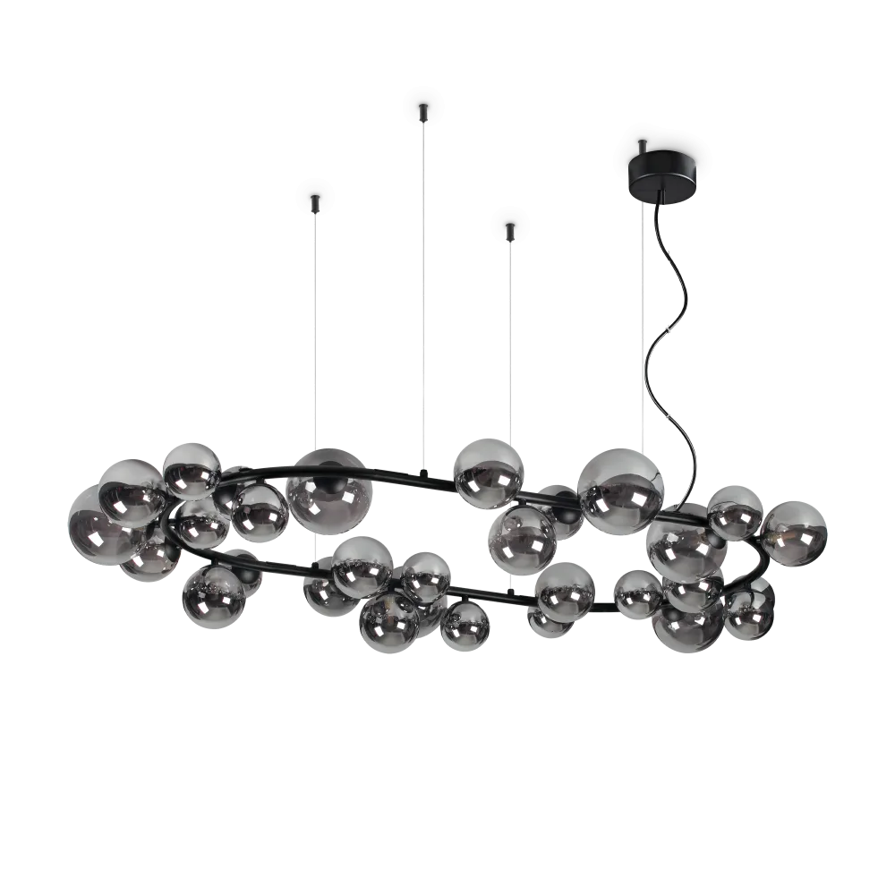 Suspension ovale PERLAGE SP30 noire diffuseurs fumé - luminaire suspendu élégant avec 30 sphères en pyrex fumé.