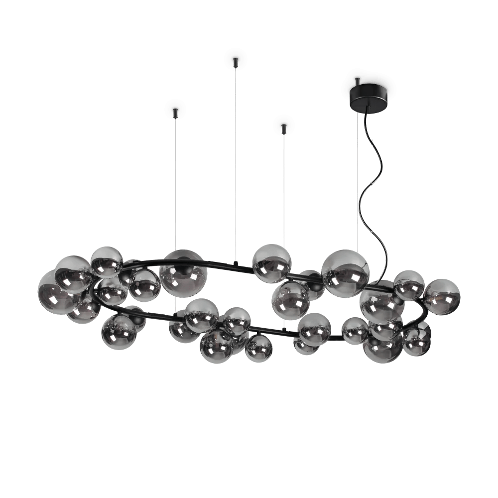 Suspension ovale PERLAGE SP30 noire diffuseurs fumé - luminaire suspendu élégant avec 30 sphères en pyrex fumé.