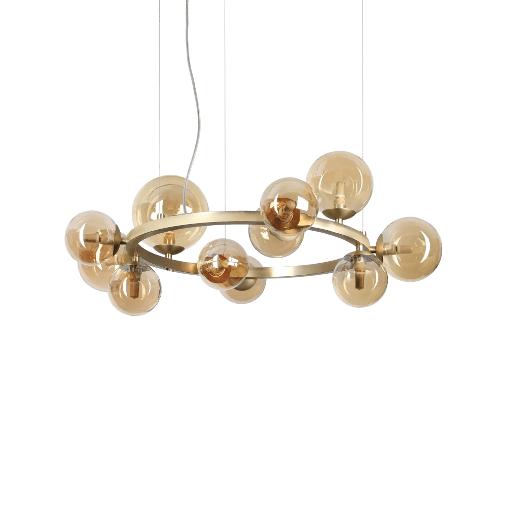 Suspension PERLAGE circulaire SP11 laiton diffuseurs ambré - Luminaire suspendu design avec 11 sphères en verre ambré.