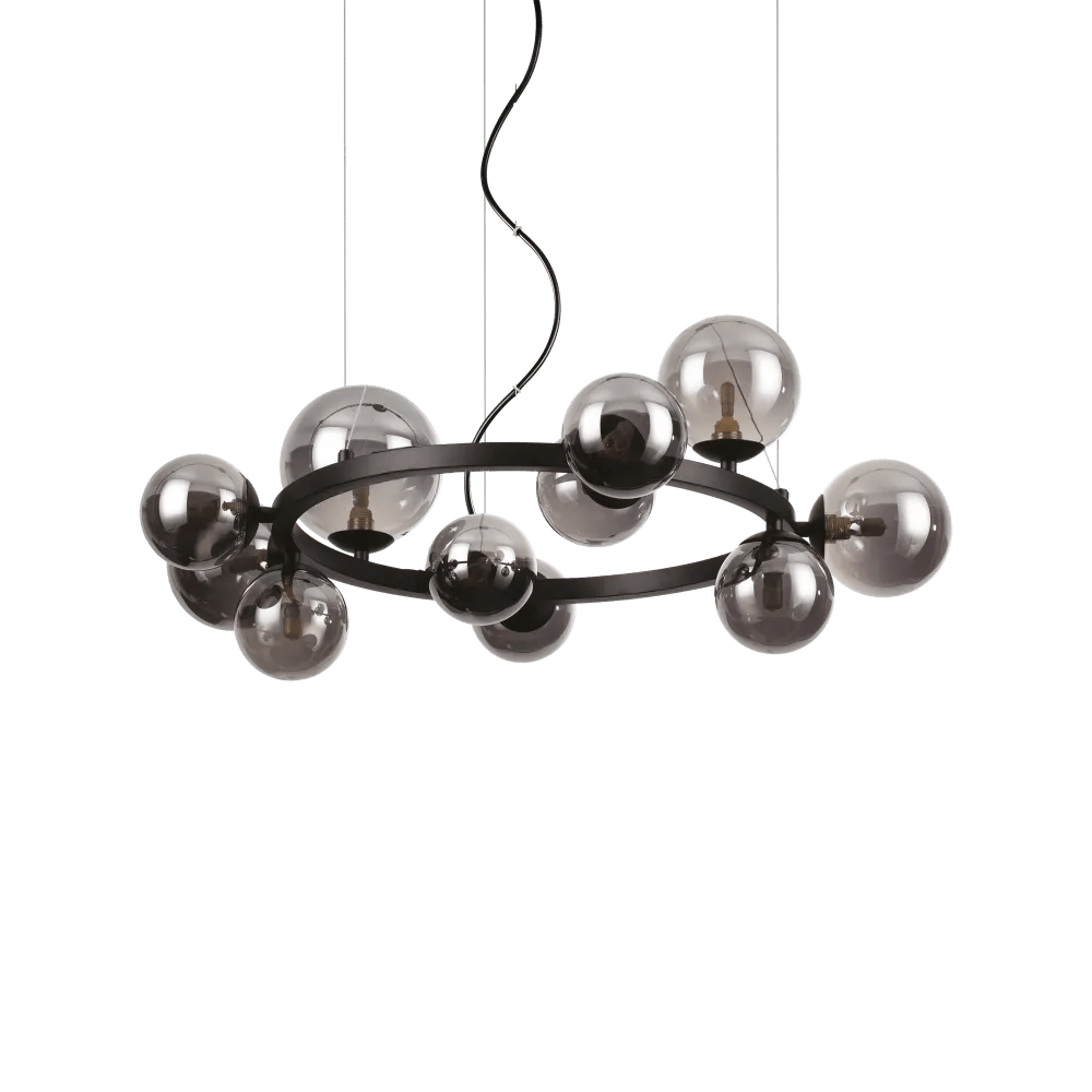 Suspension PERLAGE circulaire SP11 noire diffuseurs fumé - Luminaire suspendu design avec 11 sphères en pyrex fumé.-
