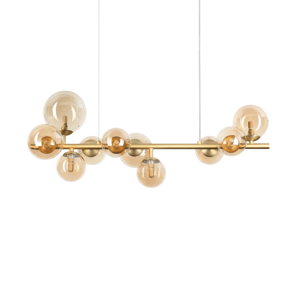 Suspension PERLAGE SP10 laiton diffuseurs ambré - Éclairage chaleureux avec 10 sphères en verre soufflé ambré. Structure robuste en métal laiton.