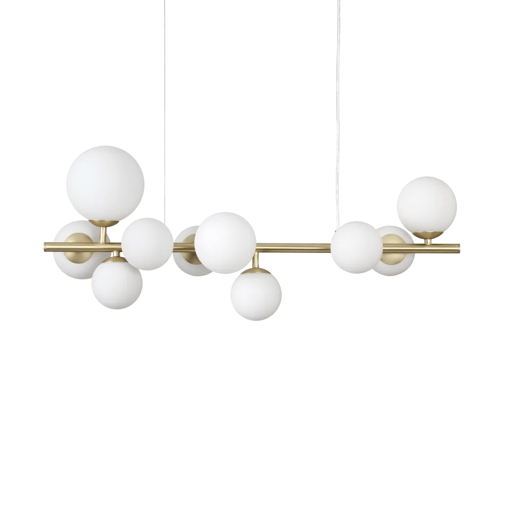 Suspension plafonnier PERLAGE SP10 laiton diffuseurs blanc - Éclairez votre intérieur avec ses 10 sphères en verre blanc.